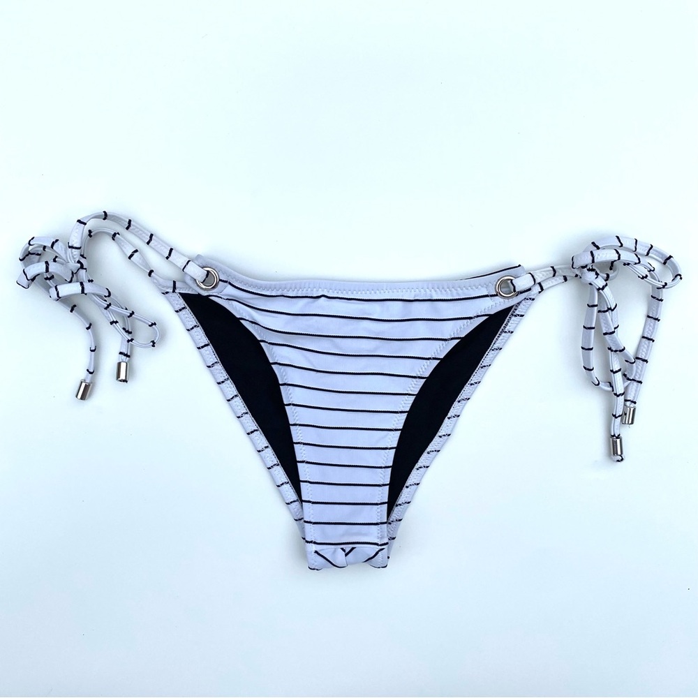 Fleur du Mal Black White Stripe Tie Side Bikini Bottoms Textured Eyelet Swim